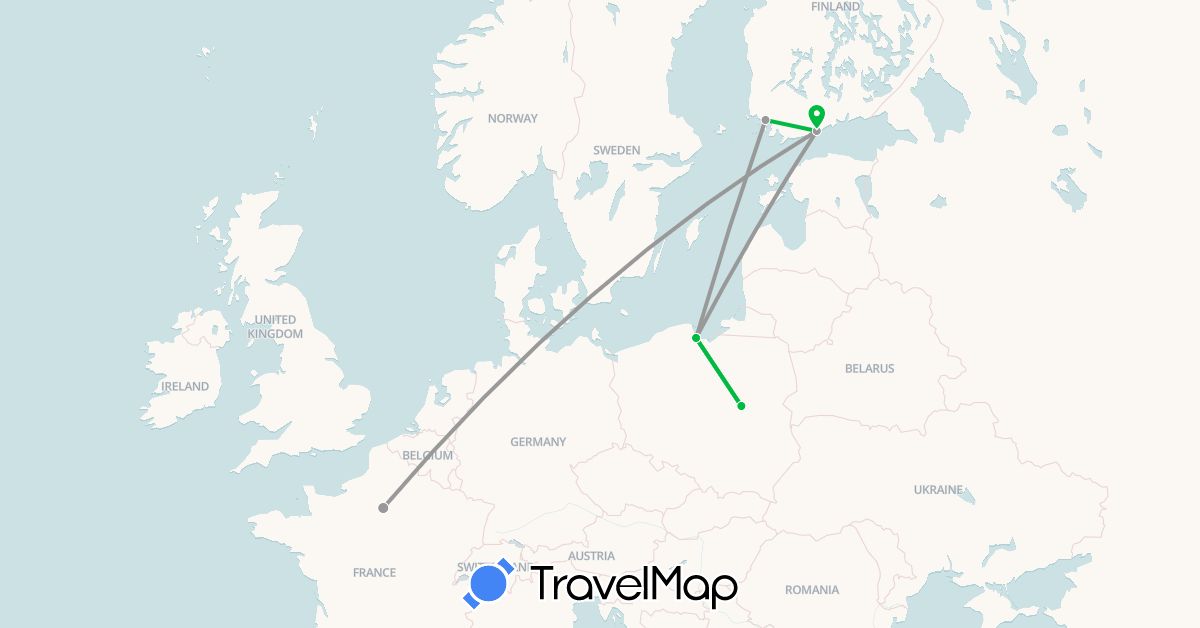 TravelMap itinerary: driving, bus, plane in Finland, France, Poland (Europe)